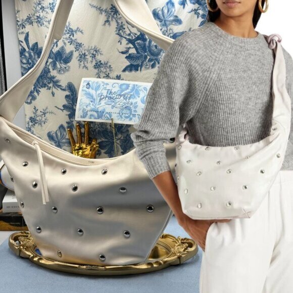 🆕 MAJE 🧿 NWOT Knotted Silver Studded White Leather Shoulder Crossbody Bag - Picture 1 of 16